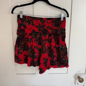 NWOT Zara Red Floral Shorts/Skort-Like with Wide Bow Waist